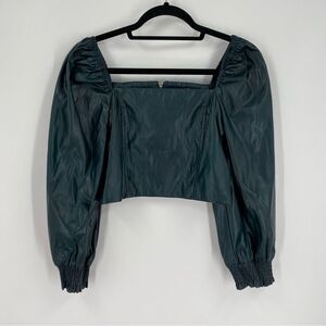 7 for All ManKind Square Neck Long Puffer Sleeve Faux Leather Cropped Blouse M